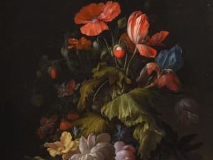 Elias van den Broeck’s  ‘A poppy, tulip, chrysanthemum, morning glory, roses and other flowers in a vase, on a stone ledge’.