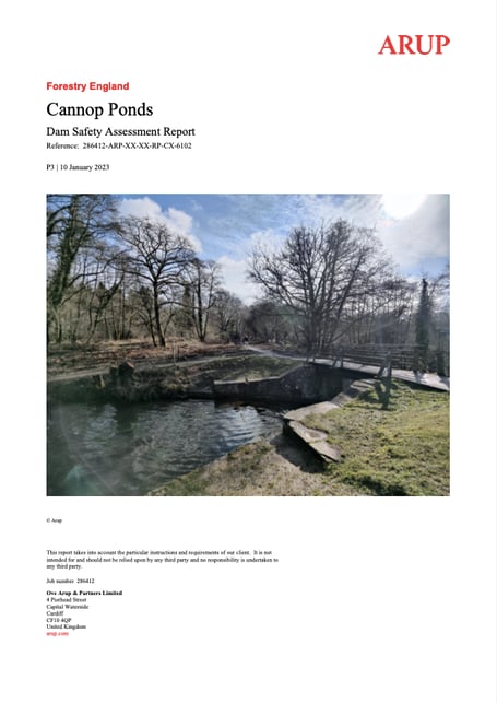 The front page of the assessment report on the condition of the dams at Cannop Ponds issued by Forestry England