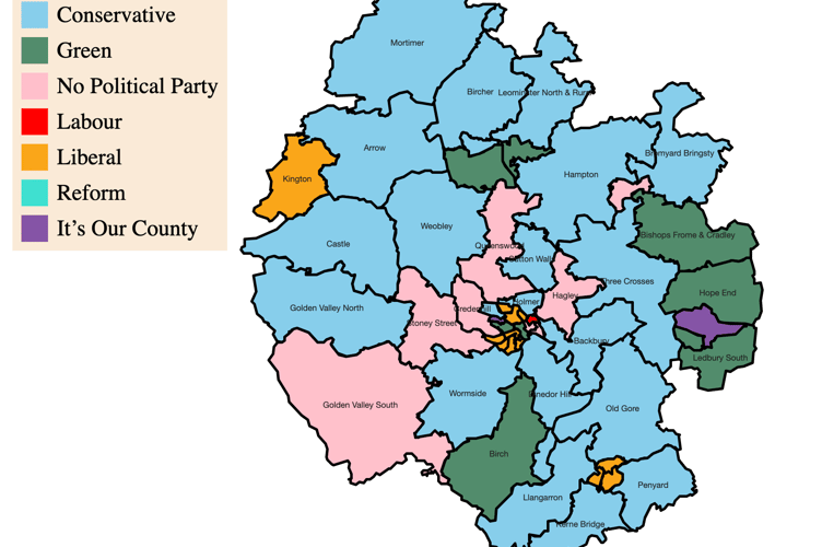 Map of Herefordshire Council 2023 elections results