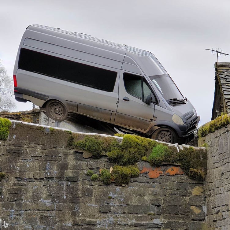 An AI depiction of a van crashing into the barrier of a stone bridge