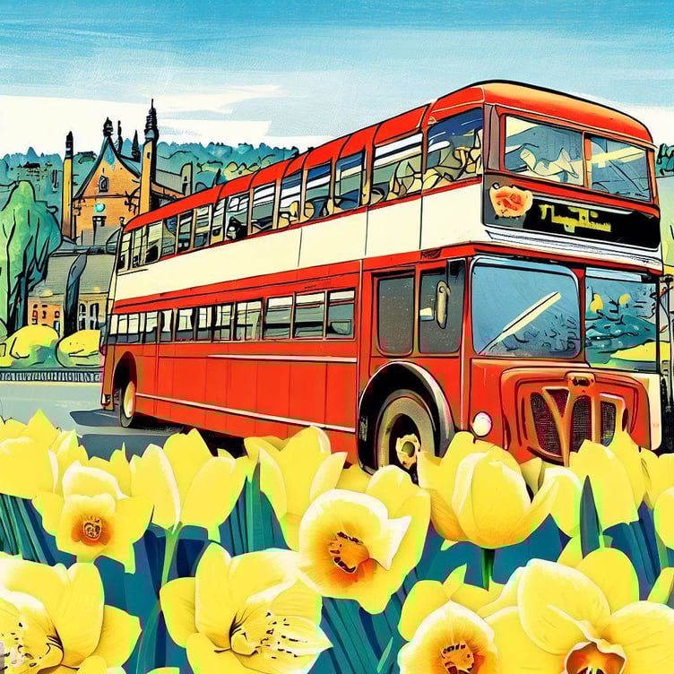 An AI generated image of a bus driving past daffodils