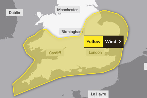 A map for the south of the UK with an area circled in yellow depicting a warning