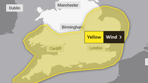 A map for the south of the UK with an area circled in yellow depicting a warning
