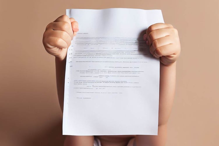 A child holding up exam papers in celebration