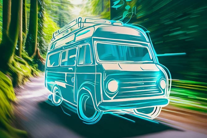 An AI generated image of a bus driving through a forest