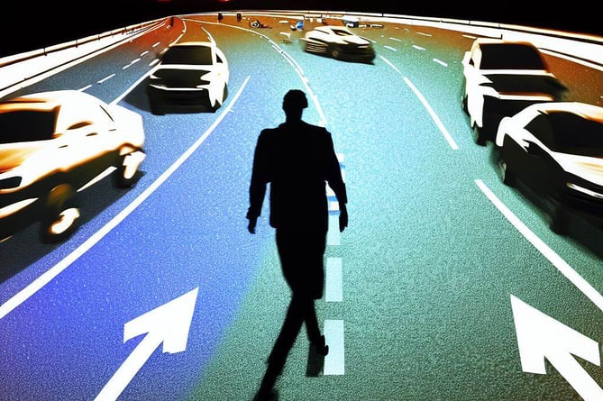 A graphic of a man walking on a motorway