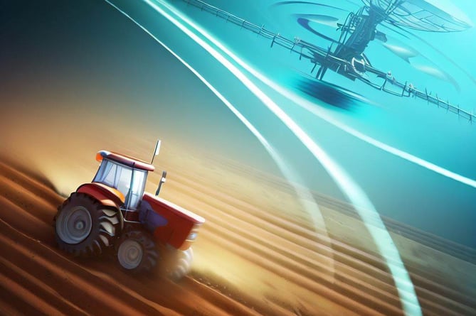 A satellite following a tractor ploughing a field