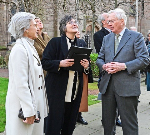 TRH The Duke and Duchess of Gloucester with the Dean of Hereford in the Lady Arbour Garden