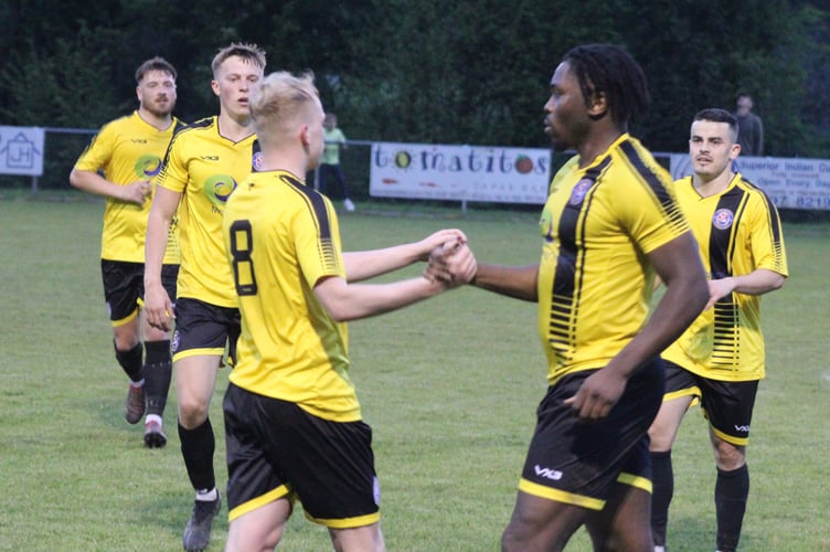 Laurent Ngunjoh celebrates his goal for Caldicot Town.