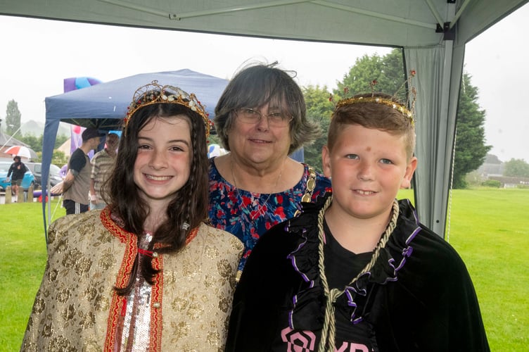 Carnival Queen Martha Fisher and Carnival King Archie Hardy with the Chair of Mitcheldean Parish Council Janet Keen.