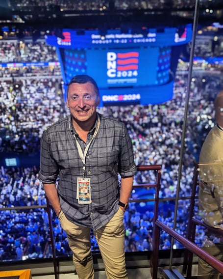 Labour councillor for Griffithstown on Torfaen County Borough Council, Nathan Yeowell, pictured at the Democratic National Convention in Chicago. Picture: Supplied