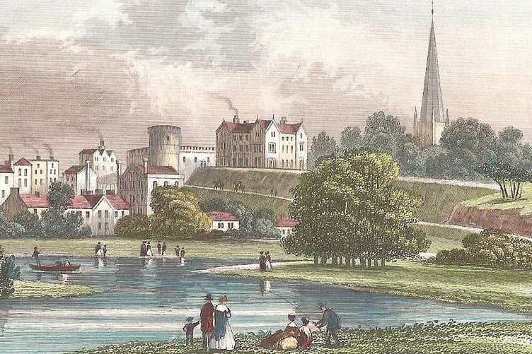 A historic colour print of the river at Ross