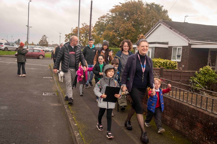 The walkers make their way to school