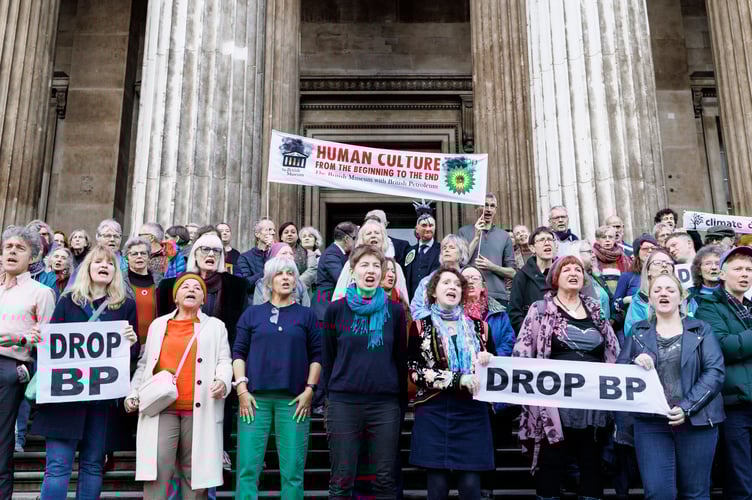 30th Nov 2024. Climate Choir at the British Museum, London.

Press release.
200-strong choir performs anti-BP concert in the British Museum
Climate Choir Movement protests the British Museumâs acceptance of a Â£50m âgiftâ
from BP.

On Saturday 30th November the Great Court of the British Museum was taken over by the Climate Choir Movement when around two hundred visitors at the British Museum cafÃ© stood up and broke into three-part harmony to sing: âItâs time to drop BP! Donât take their dirty money!â.
The singers then processed to the entrance of the British Museum Great Court, the largest covered public square in Europe, and performed the classical hit Also Sprach Zarathustra by Richard Strauss, complete with new anti-BP words. The UK-based environmental choir network had pulled off their most dramatic stunt yet.
Three masked actors, representing museum director Nicholas Cullinan, BP boss Murray
Auchincloss and chair of trustees George Osborne paraded with the choir, while a massive banner declaring âDrop BP' was suspended above the Great Court. A second banner declared 'Human culture from Beginning to the End: The British Museum with British Petroleum' Their message was clear. It was time for the British Museum to drop its controversial financial deal with BP.

Last year it was announced that British Museumâs exhibitions would no longer be
BP-branded. However, it has continued working with the oil giant in a different way â by
controversially accepting a Â£50m âgiftâ from BP to help fund the Museumâs 10-year
redevelopment plan. Critics of the deal also point out the conflict of interest where the chair of the Museum and former Chancellor of the Exchequer, George Osborne, has multiple links with BP.

This year has seen catastrophic climate events: set to be the hottest year ever on record with floods, drought, and heat killing thousands. Against this backdrop BP has scaled back climate targets while profits hit record levels. It has also