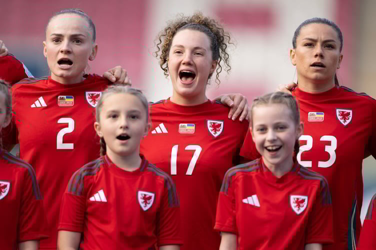 LLANELLI, WALES - 31 MAY 2024: Wales' Lily Woodham, Wales' Mary McAteer and Wales' Ffion Morgan during the UEFA Womens Euro 2025 qualifier League B match between Wales Women and Ukraine Women at Parc y Scarlets in Llanelli on the 31st of May 2024. (Pic by Ashley Crowden/FAW)
