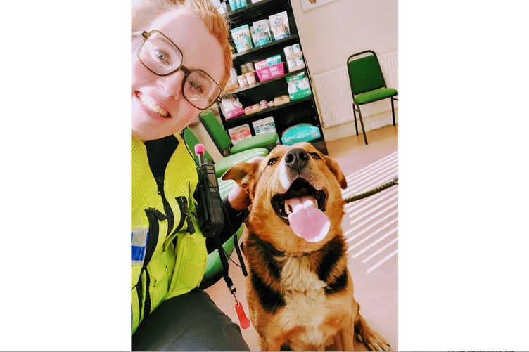 PCSO Megan Greaves with Jack the runaway dog