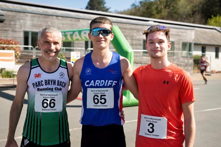 Henry Evans, centre, with dad Huw Evans, left, and fellow old Monmothian George Anthony, right, finished first, second and third