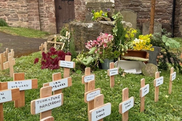 Remembrance  crosses outside the church.