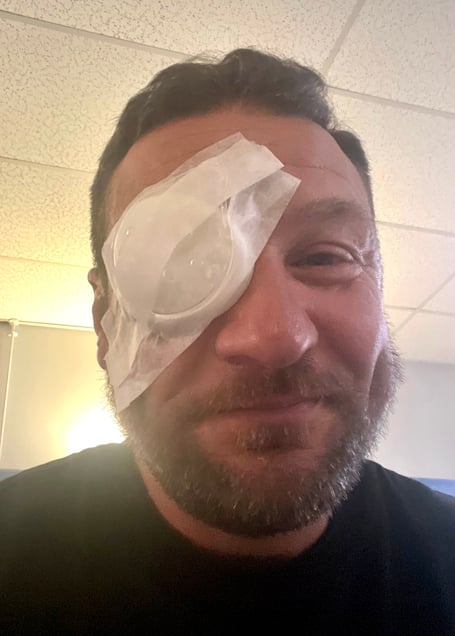 Leigh Powell has been left blind in one eye after golfing incident saw him hit in the face with a stray ball. A golfer was seriously injured and left half blind when a ball smashed into his eye. Leigh Powell, 44, was enjoying a day on the green at his local golf club when a duff shot from another player smacked him in the face. Leigh, a keen golfer of over 20 years, was knocked out for over five minutes - and other players thought he was dead. He sat with ice packs on his eye and an ambulance was called but would have taken five hours to get to him, he said. Eventually he phoned his parents who drove him to Gloucester Royal Hospital where Leigh was told he'd never see from his right eye again and sent him on to hospital in Cheltenham where he has been treated since. Leigh's eye was shattered from the lens to the retina, and so swollen that medics had to wait until November before they could see what was going on inside and operate.
