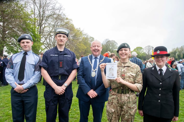 Mayor of Coleford Nick Penny with his Mayor's Cadets: Cpl Cameron Morton, Able Cadet Reuben Miles, Cpl Lillah Powles and Police Cadet Amber McLean.