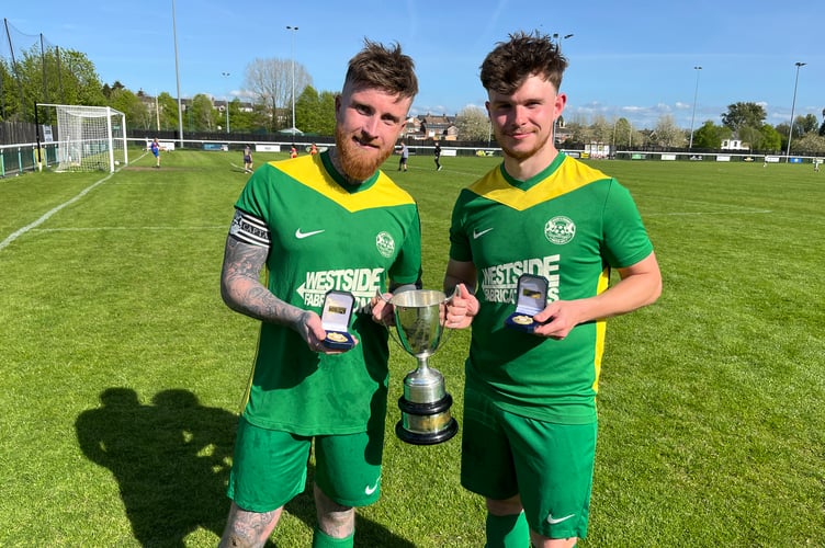 Mushet & Coalway's joint managers Keiran Murray (left) and Jordan Nott with the Geo Sandoe Cup.