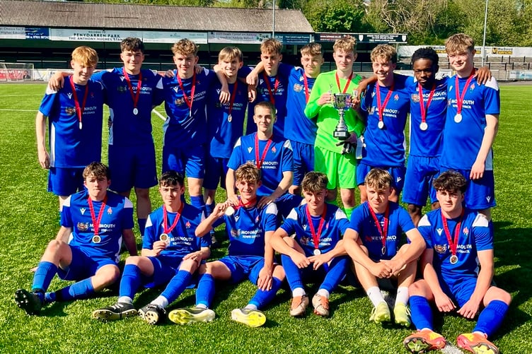 Monmouth Comprehensive's senior football team are the Welsh Schools FA champions! (Back from left) Joe Orledge, Harry Wilson, Harri Williams, Archie Smith, Jack Plamer, Callum Wilding, Joe Porter, George Gouldingay (C), Jayden Makondora, Mathew Jones; (front) Charley Handley, Liam Brain, Lucas Harris, Herbie Perry, Finley Cummins, Ryan Price, Ollie Heath. Photo: Gareth Roberts