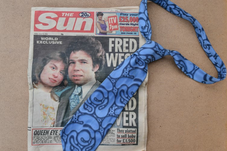 Fred West's tie on display at Littledean Jail in the Forest of Dean. Photo released May 20 2025. Objects taken from Fred and Rose West's 'House of Horrors' are on display on an exhibition dubbed 'sickening' - including torture whips and the tie Fred used to kill his victims. Photos show the memorabilia at Littledean Jail in Forest of Dean, Gloucestershire - including objects taken from the serial killers' property on 25 Cromwell Street. Their house in Gloucester - where the mutilated bodies of nine young women were found - was demolished in 1996. A new docuseries from Netflix tells the horrifying story of prolific serial killer Fred West, and his wife Rose West using previously unseen footage and unheard audio tapes.