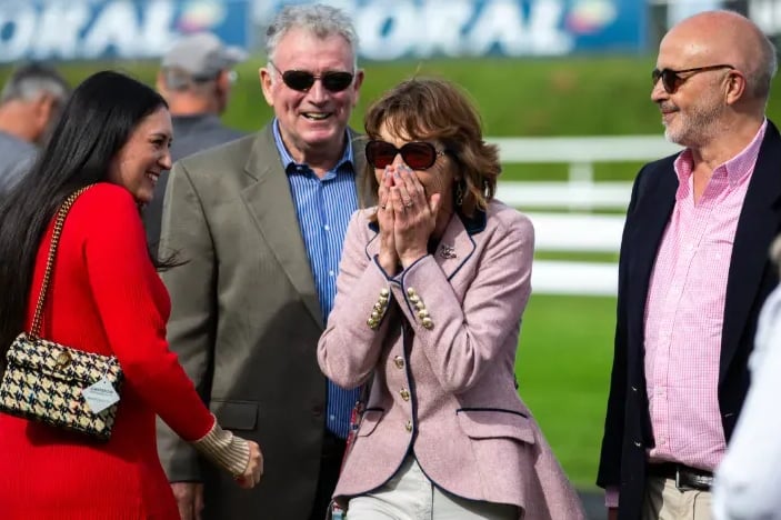 Racehouse owner Sue Maine shows her delight at a Chepstow winner