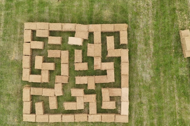 An aerial view of the straw bale maze.
