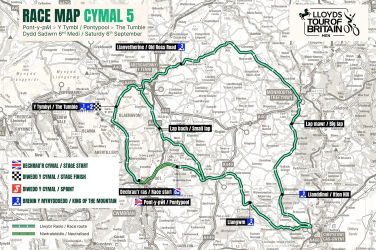 The stage 5 route of the Tour of Britain through Monmouthshire
