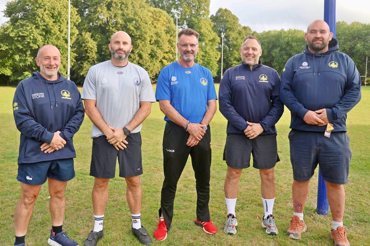 Chairman Andrew Davies, second from right, with the new Monmouth RFC coaching team (from left) Steff Williams, Sam Mills, Dai Rees and Luke Hunter. Photo: Gareth Roberts