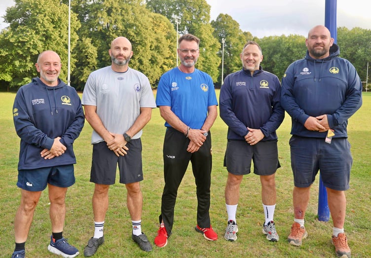 Chairman Andrew Davies, second from right, with the new Monmouth RFC coaching team (from left) Steff Williams, Sam Mills, Dai Rees and Luke Hunter. Photo: Gareth Roberts