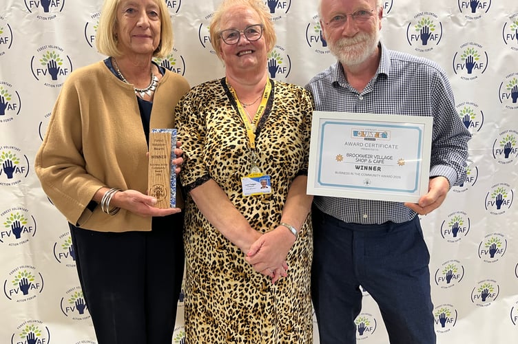 Helen Hewitt (left) and Tony Mobbs of Brockweir Shop with Lynne Teague of Broady's Trust.