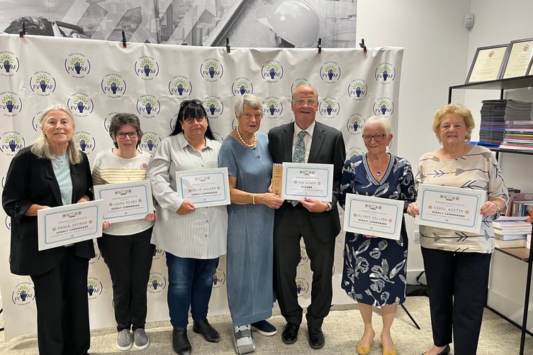 Volunteer of the Year Ian Gower with nominees Annie George, Laura Dovey, Julie Holder, Glynis Halling and Carol Austin with Dame Janet Trotter.