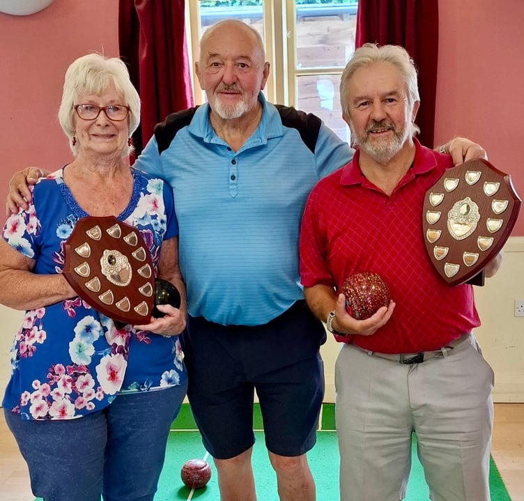 (From left) Dingestow Short Mat Bowls Club ladies champion Margaret Pidoux, club chairman Graham Holder and gents champion Haydn Holder.