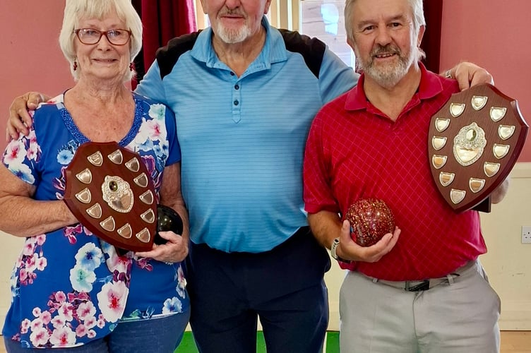 (From left) Dingestow Short Mat Bowls Club ladies champion Margaret Pidoux, club chairman Graham Holder and gents champion Haydn Holder.