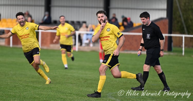 Ben Harbourne celebrates Newent's second goal. Photo: Helen Warwick