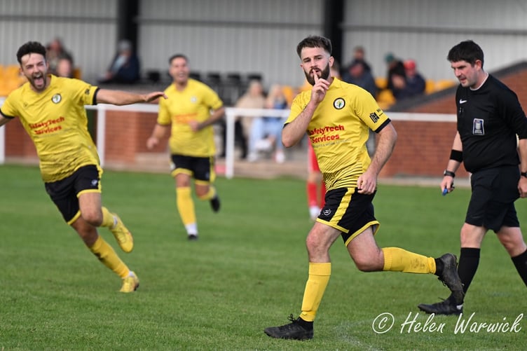 Ben Harbourne celebrates Newent's second goal. Photo: Helen Warwick