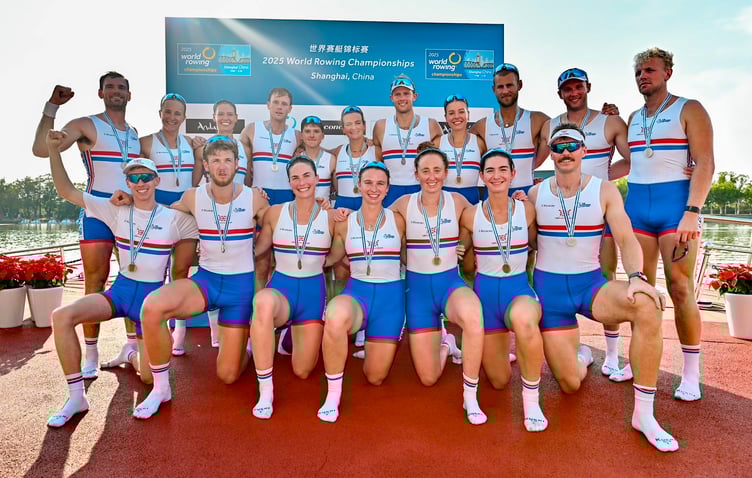 Jack Tottem, far left front, with the GB women's bronze medal 8 and men's silver-winning crew