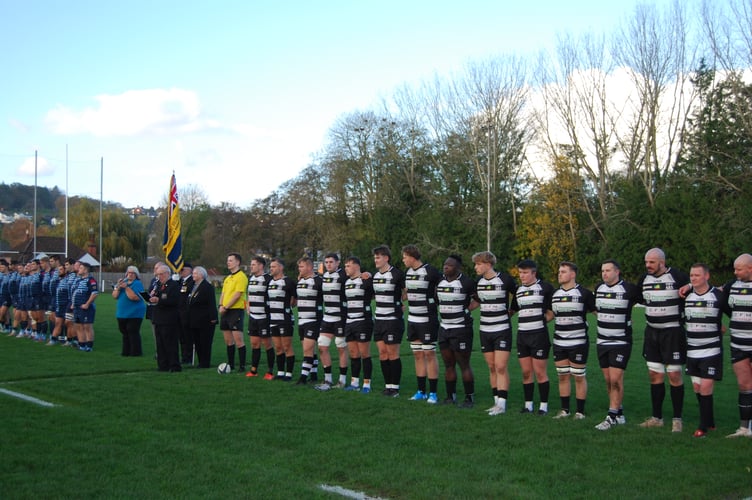 Lydney RFC and Topsham RFC were joined by the British Legion and Sharon Stratford of Forest of Dean Brass before their game at Regentsholme. Picture: Roger Pike.