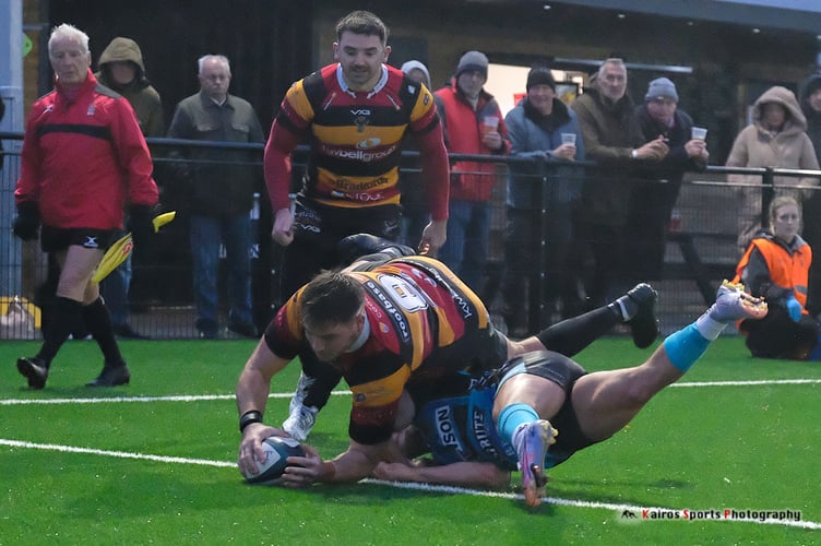 Cinderford Number 8 Jake Polledri touches down. Picture: Kairos Sports Photography.