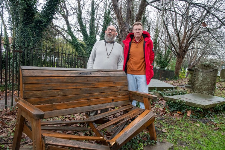 Guy Wilson of Chepstow Rotary Club (right) with Rev Phillip Averay, the Vicar of Chepstow with the bench.