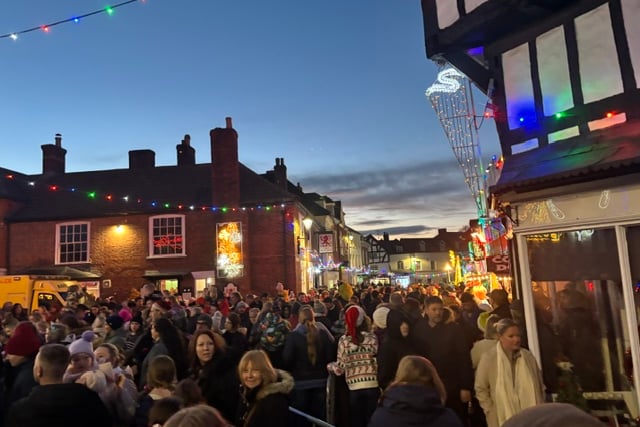 Christmas lights illuminate Newent High Street.