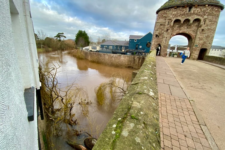 A tree blocked an arch on the historic Monnow Bridge
