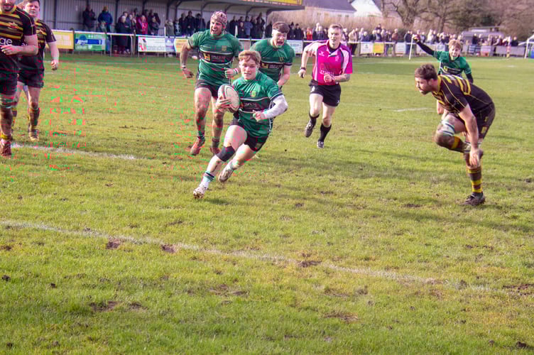 Drybrook scrum-half Harry Appleton crosses for Drybrook's first try.