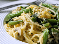 Simple spring carbonara with asparagus and peas