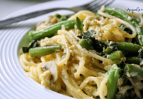 Simple spring carbonara with asparagus and peas