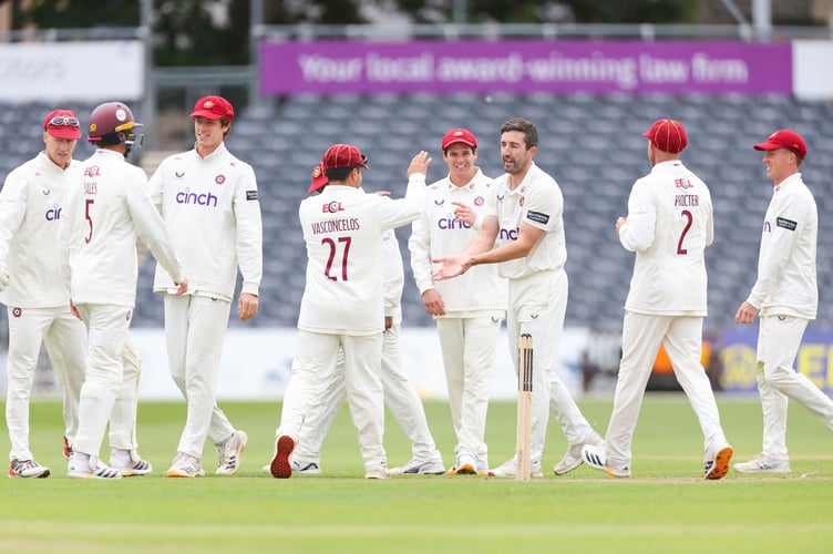 Ben Sanderson of Northamptonshire celebrates the wicket of Miles Hammond during Day One of the Rothesay County Championship Division Two match between Gloucestershire and Northamptonshire at The Seat Unique Stadium on May 15, 2026 in Bristol, England. (Photo by Jacob Hurry)