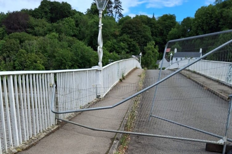The fence intended to block access to the Old Wye Bridge has been pushed over and damaged. Picture: Supplied/Valarie Morgan.