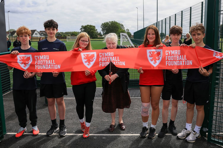 Monmouthshire Council leader Cllr May-Ann Brocklesby officially opens the pitch help by Caldicot School pupils. (Picture: Geraint Nicholas/FAW)